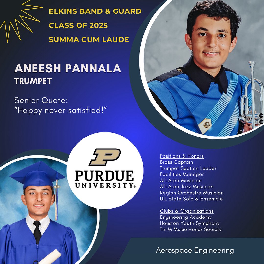 Congratulations to EHS Band Senior &amp; Brass Captain, Aneesh Pannala! 💙💛