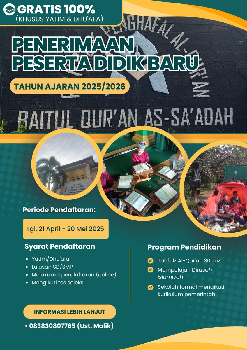Yuk...yang mau anaknya jadi penghafal Qur'an, bisa daftar ke pondok kami (kuota sangat terbatas). Gratis sampai lulus, tanpa biaya sepeserpun. Bismillah. Btw, buat buzzer yg mau taubat lalu ingin jadi penghafal Qur'an, boleh daftar juga. Kami tanggung semua biaya sampai selesai