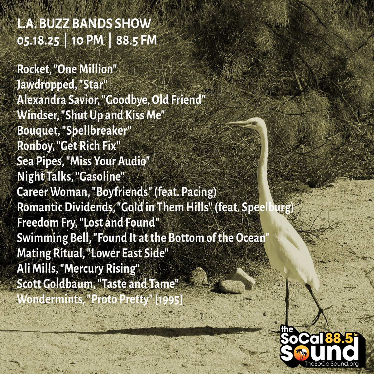 krbronson (@krbronson) on Twitter photo Coming at 10PM: <a href="/BuzzBandsLA/">Buzz Bands LA</a> Show on 88.5 FM <a href="/TheSoCalSound/">The SoCal Sound</a>, ft. Rocket, Night Talks, Freedom Fry, Sea Pipes, Ronboy, Career Woman, Alexandra Savior, Windser, Bouquet, Swimming Bell, Mating Ritual, Ali Mills, Scott Goldbaum and more ... Join me! bit.ly/4kpAd0I Coming at 10PM: <a href="/BuzzBandsLA/">Buzz Bands LA</a> Show on 88.5 FM <a href="/TheSoCalSound/">The SoCal Sound</a>, ft. Rocket, Night Talks, Freedom Fry, Sea Pipes, Ronboy, Career Woman, Alexandra Savior, Windser, Bouquet, Swimming Bell, Mating Ritual, Ali Mills, Scott Goldbaum and more ... Join me! bit.ly/4kpAd0I