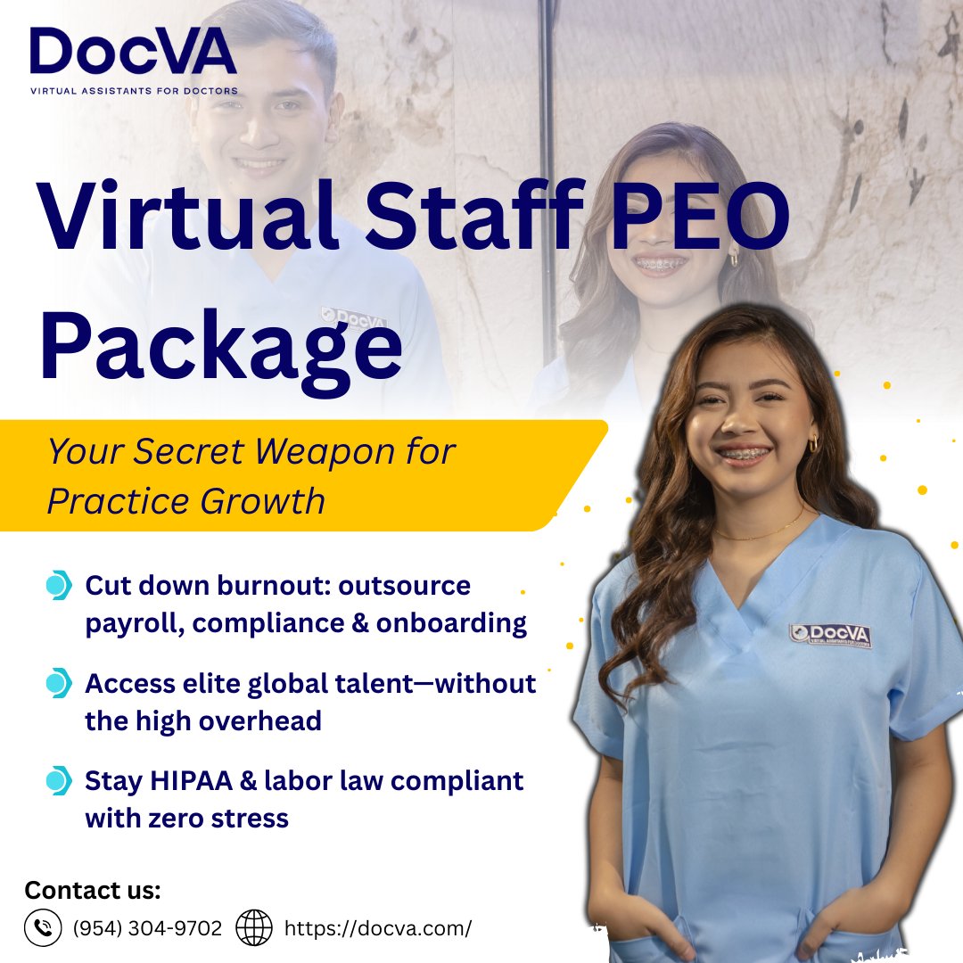 Docva_US's tweet image. Feeling overwhelmed by admin tasks in your medical practice? Discover how a Virtual Staff PEO Package can slash burnout, streamline compliance.
#HealthcareGrowth #VirtualStaffing #PEOPackage 

Visit : docva.com/virtual-staff-…