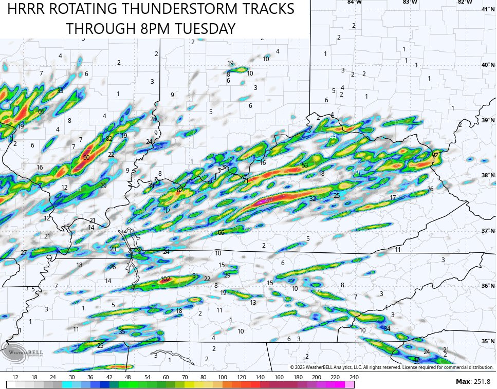 Kentuckyweather's tweet photo. This isn't good. The latest HRRR Model shows the potential for rotating thunderstorms across Kentucky Tuesday. This is where the model thinks those show up. #kywx https://t.co/MtmT6eRx09