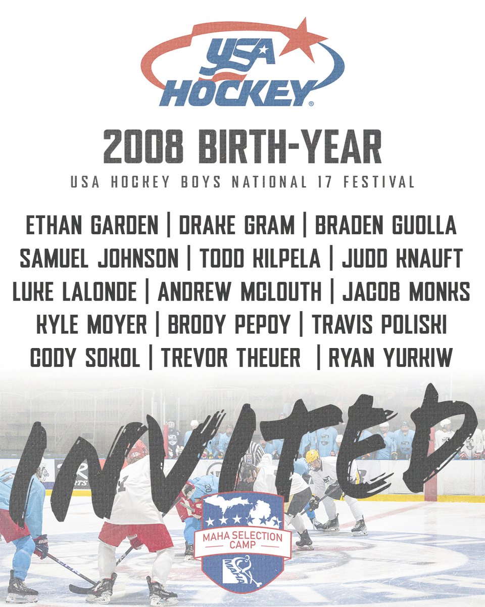 Congratulations to the players who have received invitations to the <a href="/usahockey/">USA Hockey</a> Boys National 17 Festival following the conclusion of this weekend's MAHA Selection Camp. They will compete for spots on the Team USA roster for the Hlinka Gretzky Cup July 7-13 in Amherst, N.Y.