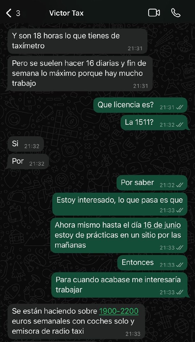 EMPRESARIO del #taxi de VALENCIA ofreciendo estas CONDICIONES como si fuera "ALGO NORMAL".

16 horas de Lunes a Viernes.
18 horas Sábados y Domingos.

1900-2200€ de caja por semana.

Inviable e Indigno!!!

Lo aceptaríais???