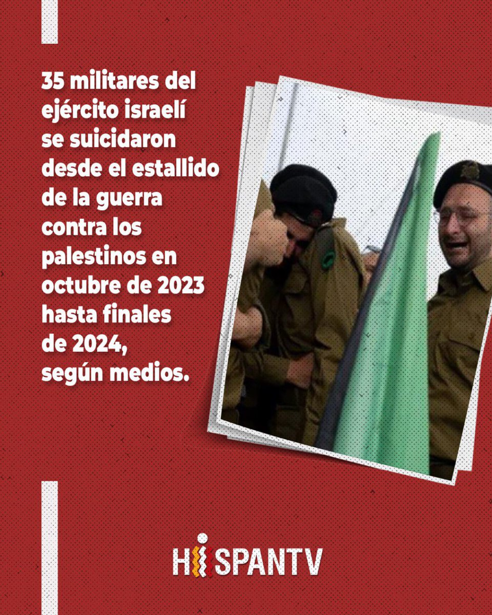 🔴 Ejército israelí se hunde: 35 suicidios y grave escasez de personal

💥 35 militares del ejército israelí se suicidaron desde el estallido de la guerra contra los palestinos en octubre de 2023 hasta finales de 2024, según medios.