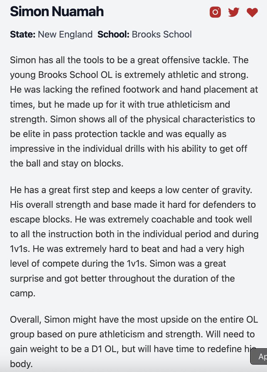 Simon Nuamah (@simonjnuamah) on Twitter photo Thank you <a href="/CoachCRedding/">Chris Redding</a> and <a href="/PRZNewEngland/">Prep Redzone New England</a> for the amazing opportunity and the write up. Excited for more competition and learning this summer.
<a href="/BrooksFb/">Brooks School Football</a> <a href="/CoachMFoley/">Mike Foley</a> <a href="/CoachDJCU/">D.J. Cunningham</a> <a href="/CatanoPerforma1/">Catano Performance</a> <a href="/ScoutingNE/">Coach Silva</a> Thank you <a href="/CoachCRedding/">Chris Redding</a> and <a href="/PRZNewEngland/">Prep Redzone New England</a> for the amazing opportunity and the write up. Excited for more competition and learning this summer.
<a href="/BrooksFb/">Brooks School Football</a> <a href="/CoachMFoley/">Mike Foley</a> <a href="/CoachDJCU/">D.J. Cunningham</a> <a href="/CatanoPerforma1/">Catano Performance</a> <a href="/ScoutingNE/">Coach Silva</a>