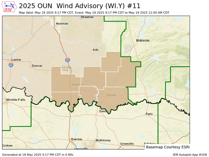 Strong winds may continue for another couple hours across portions of south-central and southeast Oklahoma on the backside of thunderstorms across Texas. Occasional gusts over 50 mph are possible. #okwx