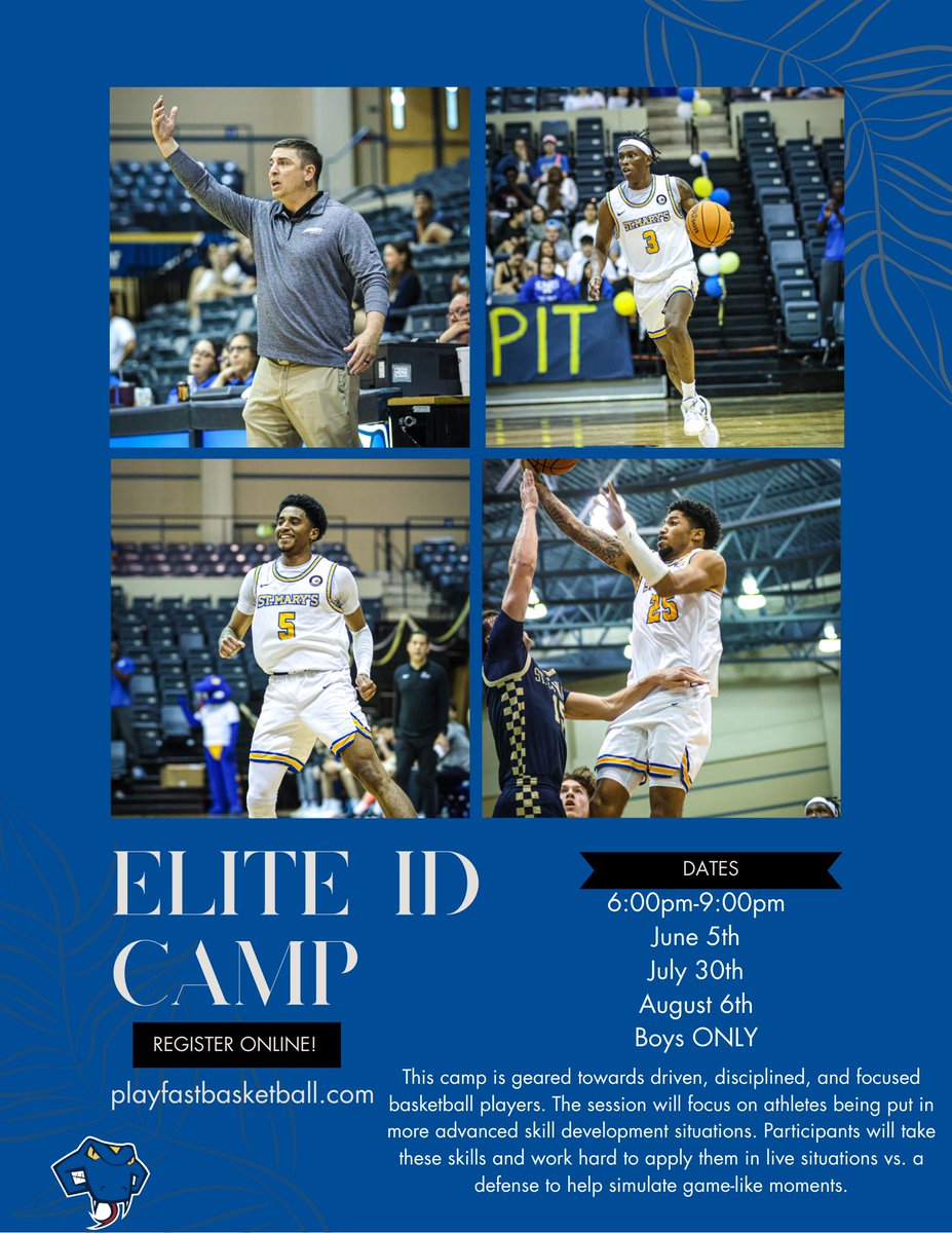 Mateo Ortega (@coach_teo) on Twitter photo Locked in for June 5, July 30, and August 6, St. Mary’s Men’s Basketball Elite ID Camp — where high school talent meets college intensity. Be seen. Be evaluated. Be elite! #playFAST
Register online at playfastbasketball.com
<a href="/StMUmbb/">St. Mary's Men's Basketball</a> Locked in for June 5, July 30, and August 6, St. Mary’s Men’s Basketball Elite ID Camp — where high school talent meets college intensity. Be seen. Be evaluated. Be elite! #playFAST
Register online at playfastbasketball.com
<a href="/StMUmbb/">St. Mary's Men's Basketball</a>