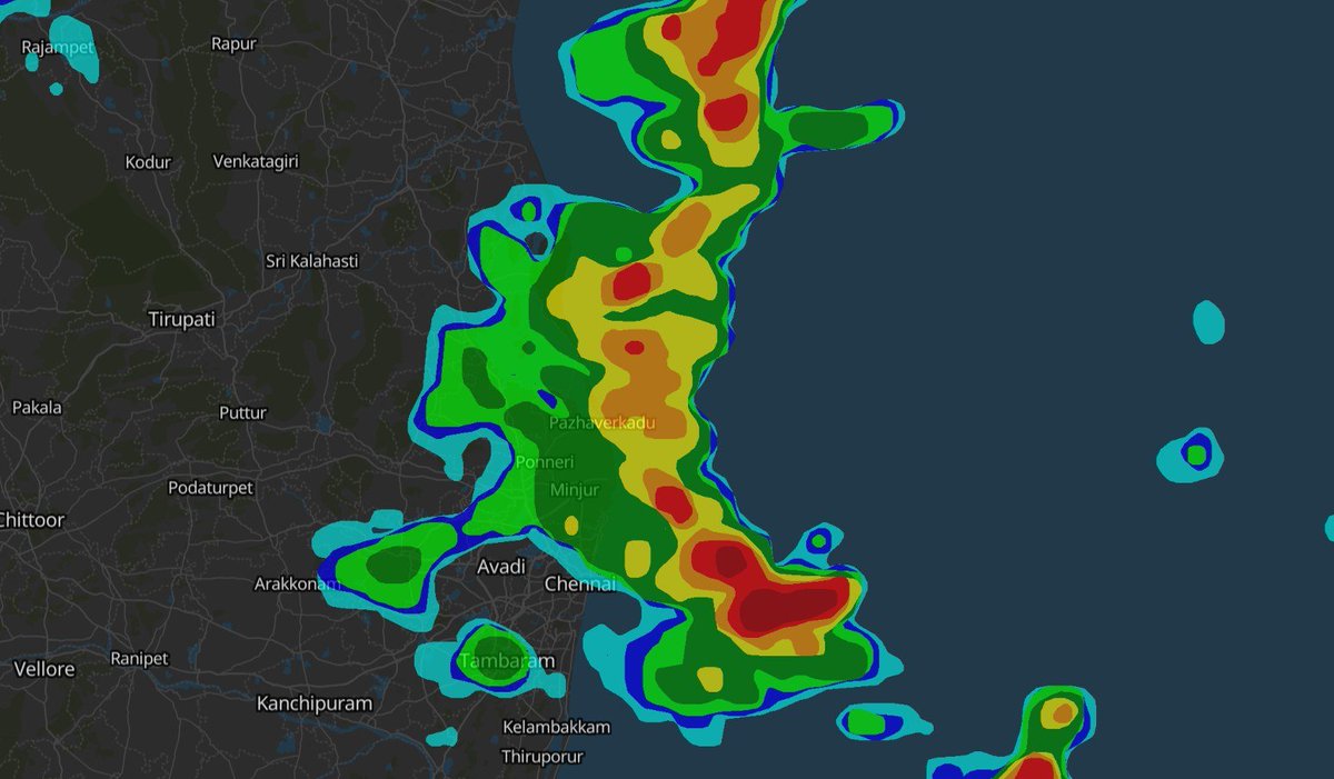 Chennai Rain update - looking at the bands, next 2 hours atleast solid ah steady rains will continue and at times it will become bit intense and then again steady rains.

Much deserved rains for city.  Entire North Tamil Nadu got super duper rains a like monsoon day.
