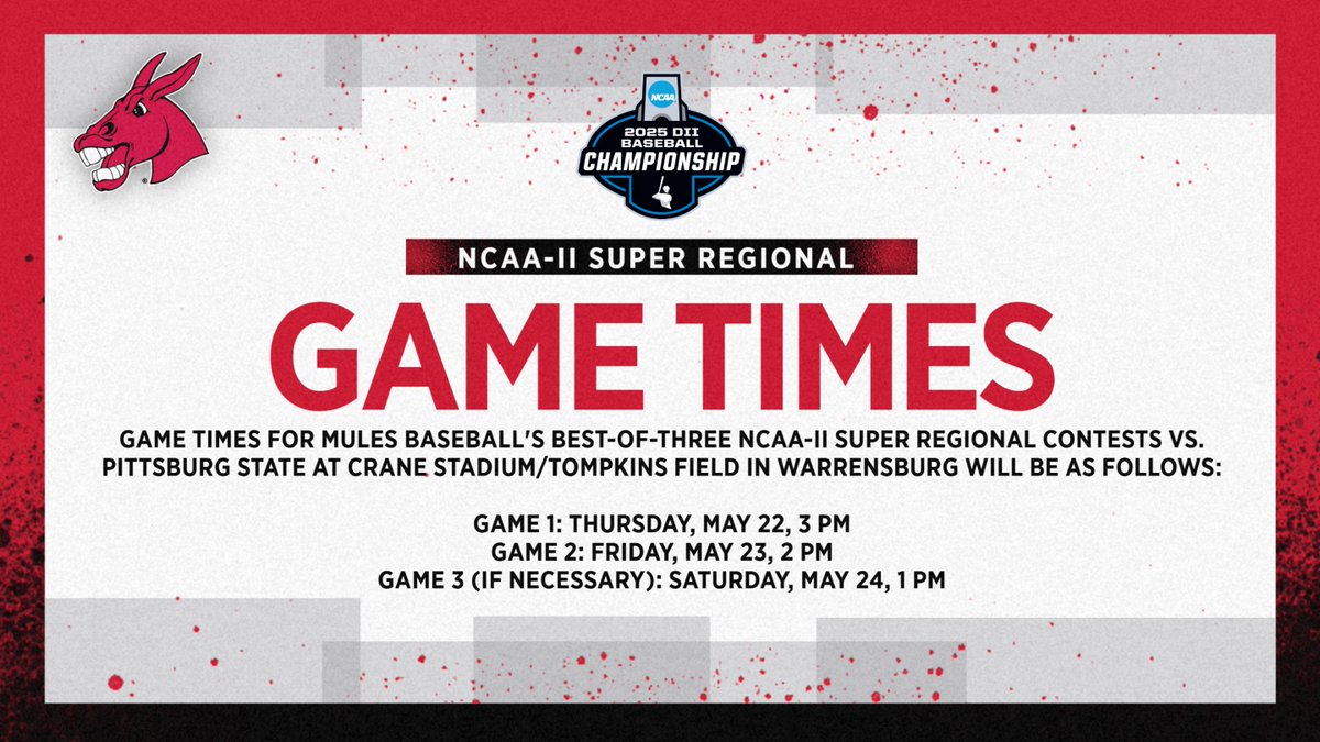 Roll Stable (@mules_baseball) on Twitter photo SUPER REGIONAL UPDATE
We'll face No. 3 seed Pittsburg State in a best-of-3⃣ <a href="/NCAADII/">NCAA Division II</a> Super Regional May 22-24 at Crane Stadium/Tompkins Field in the 'Burg❗️
Tickets are on sale now at UCMAthletics.com/tickets.
#teamUCM x #RollStable SUPER REGIONAL UPDATE
We'll face No. 3 seed Pittsburg State in a best-of-3⃣ <a href="/NCAADII/">NCAA Division II</a> Super Regional May 22-24 at Crane Stadium/Tompkins Field in the 'Burg❗️
Tickets are on sale now at UCMAthletics.com/tickets.
#teamUCM x #RollStable