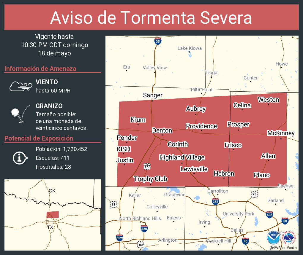 NWSFortWorth's tweet image. Aviso de Tormenta Severa incluye Plano TX, McKinney TX, Frisco TX hasta las 10:30 PM CDT