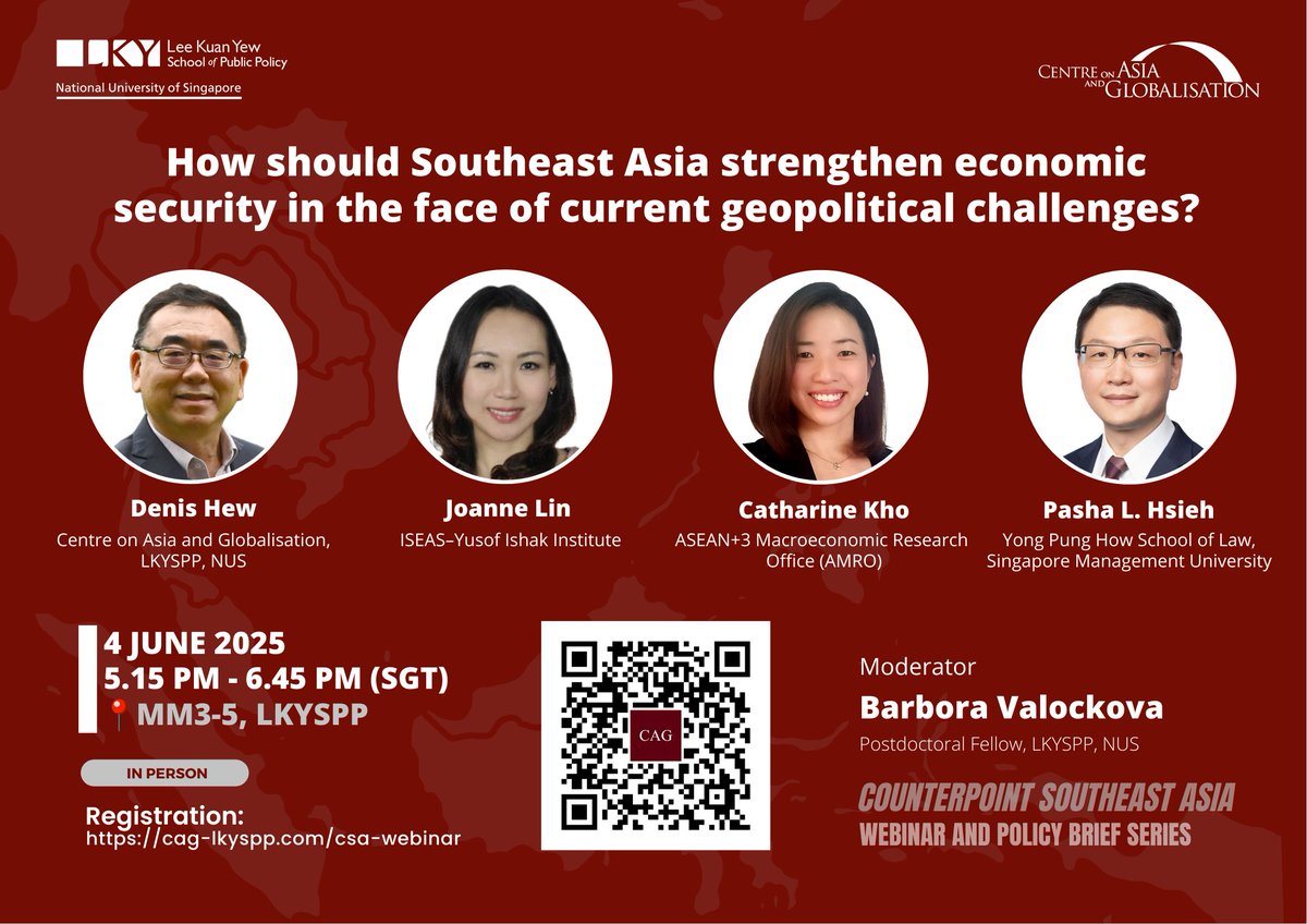 Centre on Asia and Globalisation (@cag_lkyspp) on Twitter photo How should Southeast Asia strengthen economic security in the face of current geopolitical challenges? Join our in-person #CounterpointSEA panel discussion on 4 June for insights from <a href="/denishew/">Denis Hew</a>, Joanne Lin, Catharine Kho and <a href="/PashaHsieh/">Pasha L. Hsieh</a>. More info & RSVP: lkyspp.nus.edu.sg/cag/events/det… How should Southeast Asia strengthen economic security in the face of current geopolitical challenges? Join our in-person #CounterpointSEA panel discussion on 4 June for insights from <a href="/denishew/">Denis Hew</a>, Joanne Lin, Catharine Kho and <a href="/PashaHsieh/">Pasha L. Hsieh</a>. More info & RSVP: lkyspp.nus.edu.sg/cag/events/det…