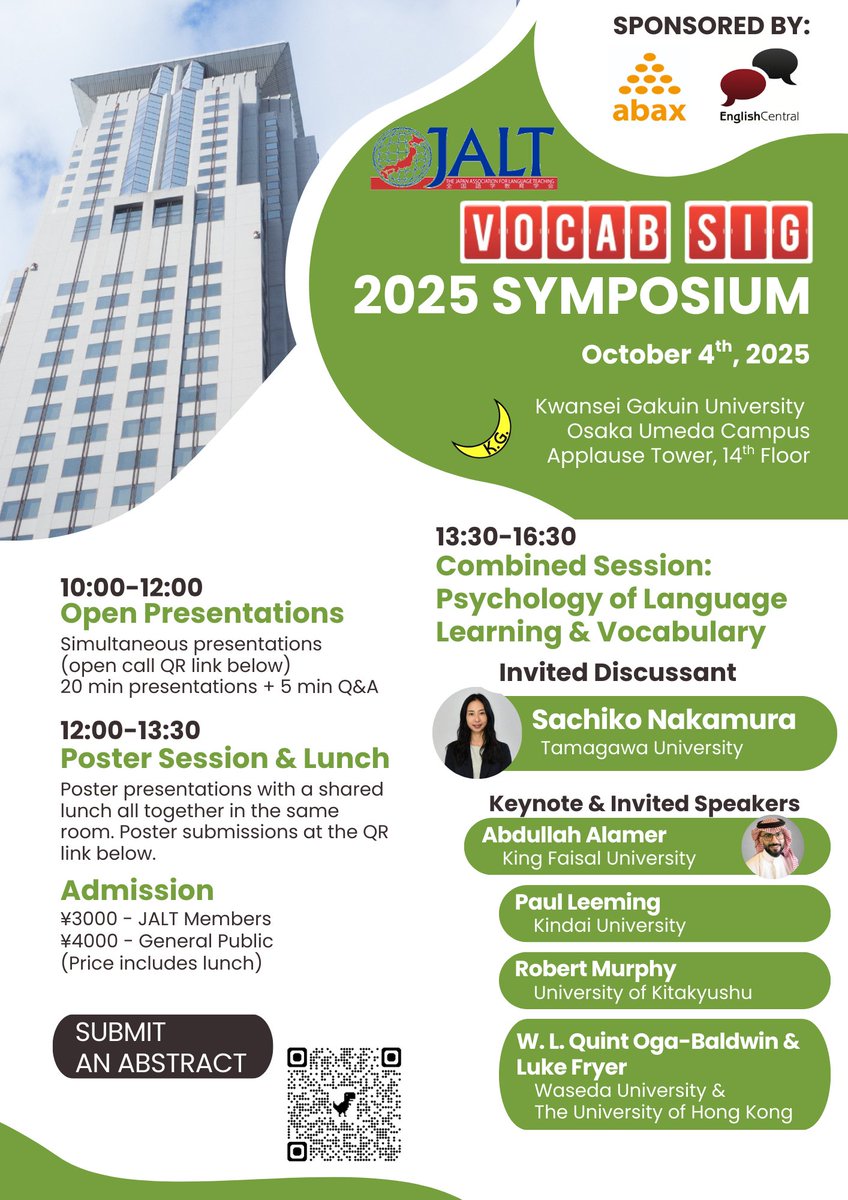 JoeVittaTESOL (@jtesol) on Twitter photo facebook.com/groups/2366232…
details and call for papers for our 2025 symposium in Osaka
<a href="/StuartM13041063/">Stuart McLean</a> <a href="/ProfAlamer/">Abdullah Alamer د. عبدالله العامر</a>
call: docs.google.com/forms/d/1FP5R6… facebook.com/groups/2366232…
details and call for papers for our 2025 symposium in Osaka
<a href="/StuartM13041063/">Stuart McLean</a> <a href="/ProfAlamer/">Abdullah Alamer د. عبدالله العامر</a>
call: docs.google.com/forms/d/1FP5R6…