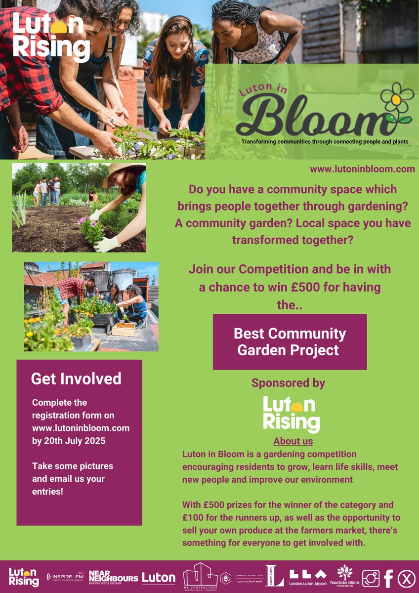 Are you a local community group with a garden that brings people together?

Submit your community garden to Luton in Bloom and you could win up to £500 to support your green space!
👉 Enter now at lutoninbloom.co.uk

Deadline: 20th July 2025 

Sponsored by <a href="/LutonRising/">Luton Rising</a>