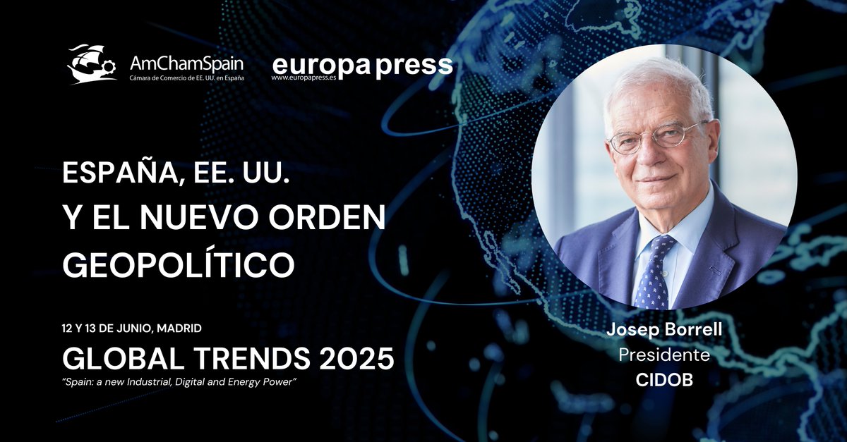 <a href="/JosepBorrellF/">Josep Borrell Fontelles</a> , Presidente del <a href="/CidobBarcelona/">CIDOB (Barcelona Centre for International Affairs)</a> y ex Alto Representante de la UE. será keynote speaker el próximo 12 de junio en nuestra conferencia Global Trends 2025: “Spain: A New Industrial, Digital and Energy Power”.

#GlobalTrends2025