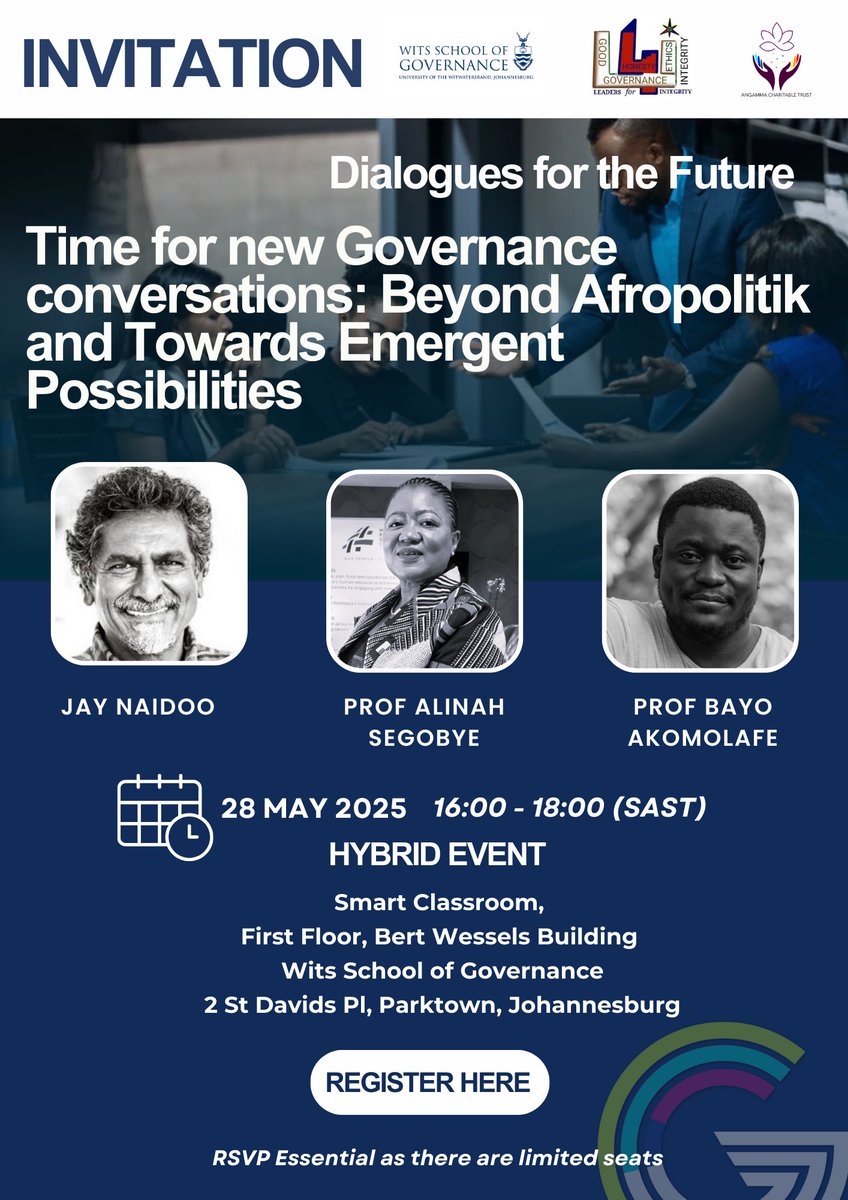 Date: 28 May | 16:00
Join us for Beyond Afropolitik and Towards Emergent Possibilities — a dialogue with Dr Bayo Akomolafe, Jay Naidoo &amp; Prof Alinah Segobye.

RSVP: wits-za.zoom.us/webinar/regist… 
#WSG #WitsForGood