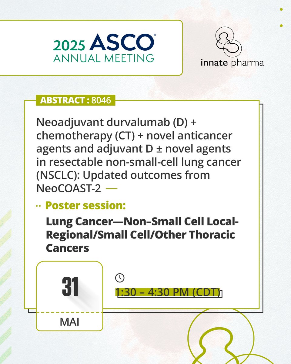 Innate Pharma highlights abstracts selected for ASCO 2025 Annual Meeting 🚀📰

More info in our press release: innate-pharma.com/node/3349/

$IPH $IPHA #InntatePharma #ASCO2025 #Abstracts <a href="/ASCO/">ASCO</a>