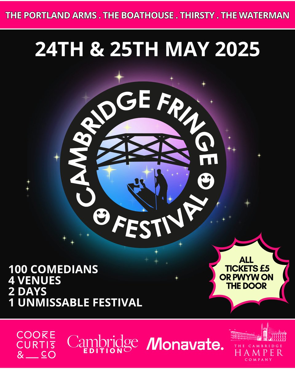 WeGotTickets (@wegottickets) on Twitter photo This weekend is <a href="/FringeCambridge/">Cambridge Fringe</a> - the biggest celebration of comedy Cambridge has seen yet. Featuring shows from <a href="/TheNickHelm/">Helm Dogg on Tour</a>, <a href="/HugeDavies/">🎹 Huge Davies 🎹</a>, <a href="/rialinacom/">Ria Lina ⚜️</a>, <a href="/TheNewsAtGlenn/">Glenn Moore (Insta: @glennrogermoore)</a>, <a href="/RobertAuton/">Rob Auton</a>, <a href="/TheSimonEvans/">simon evans</a>, <a href="/sikisacomedy/">Sikisa Comedy</a>, <a href="/samnicoresti/">Nam Sicoresti</a> & more. 🥳
🎟️wegottickets.com/af/586/Cambrid… This weekend is <a href="/FringeCambridge/">Cambridge Fringe</a> - the biggest celebration of comedy Cambridge has seen yet. Featuring shows from <a href="/TheNickHelm/">Helm Dogg on Tour</a>, <a href="/HugeDavies/">🎹 Huge Davies 🎹</a>, <a href="/rialinacom/">Ria Lina ⚜️</a>, <a href="/TheNewsAtGlenn/">Glenn Moore (Insta: @glennrogermoore)</a>, <a href="/RobertAuton/">Rob Auton</a>, <a href="/TheSimonEvans/">simon evans</a>, <a href="/sikisacomedy/">Sikisa Comedy</a>, <a href="/samnicoresti/">Nam Sicoresti</a> & more. 🥳
🎟️wegottickets.com/af/586/Cambrid…
