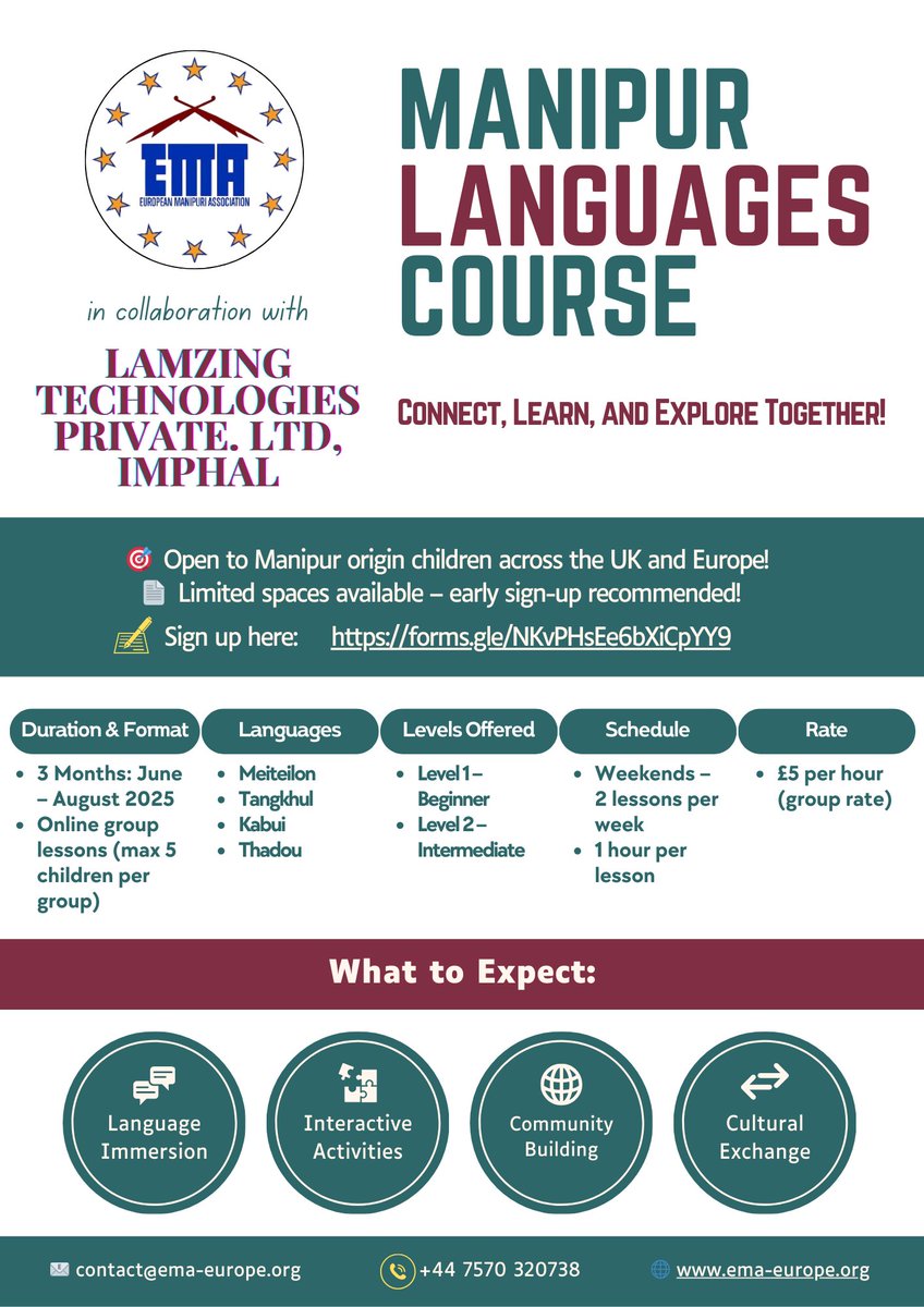 EMA in collaboration with Lamzing Technologies Pvt. Ltd. presents

✨ 𝐌𝐀𝐍𝐈𝐏𝐔𝐑 𝐋𝐀𝐍𝐆𝐔𝐀𝐆𝐄𝐒 𝐒𝐔𝐌𝐌𝐄𝐑 𝐂𝐎𝐔𝐑𝐒𝐄 ✨

🎓 Let your child explore their roots and learn their mother tongue this summer!