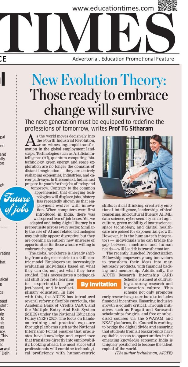 AICTE (@aicte_india) on Twitter photo The next generation must be equipped to redefine the professions of tomorrow, write AICTE Chairman Prof. <a href="/SITHARAMtg/">TG SITHARAM</a> in his article for <a href="/educationtimes/">Education Times</a>. The next generation must be equipped to redefine the professions of tomorrow, write AICTE Chairman Prof. <a href="/SITHARAMtg/">TG SITHARAM</a> in his article for <a href="/educationtimes/">Education Times</a>.