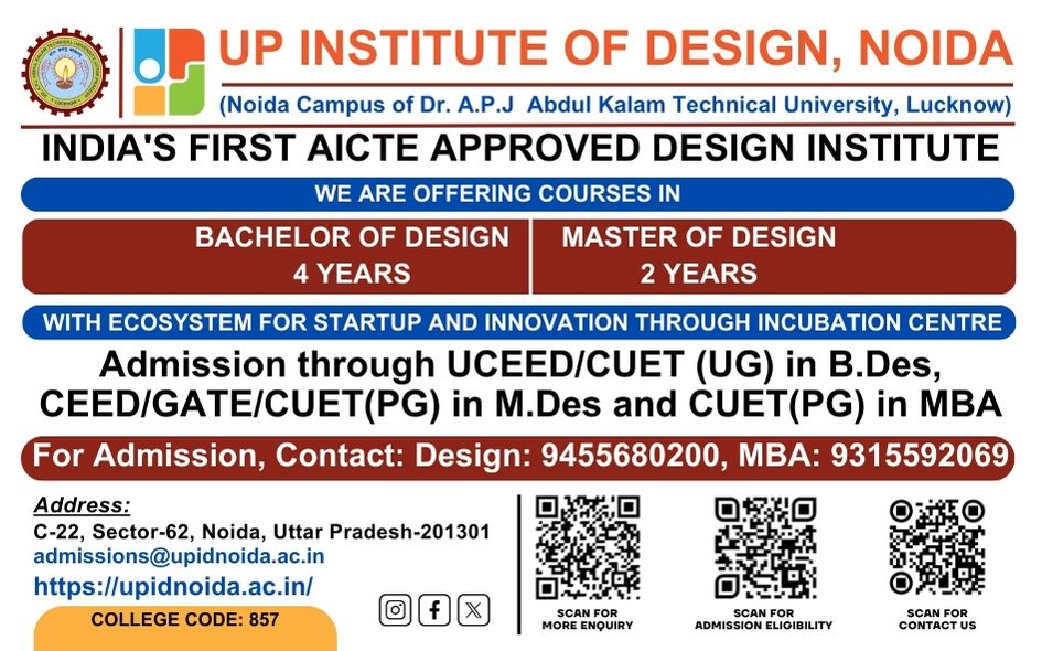 🎓 Admissions Open!

Are you prepared to transform your passion into a profession? Admissions for the academic session of 2025-26 are now open.

Register now and initiate your journey toward a career in design.

For more details visit - upidnoida.ac.in