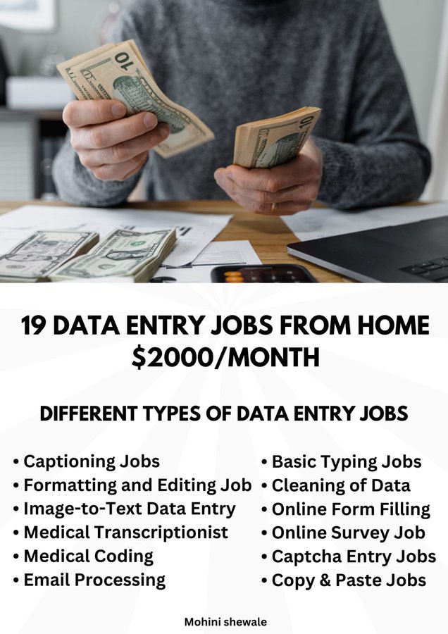ellie_Jones_AI's tweet image. 50 Websites that'll pay you $200/hr for data entry jobs:  

I have prepared a list of 50 Websites that'll pay you $45/hr for data entry jobs.

With Just a Smartphone or Laptop and Internet.

For absolutely FREE:

To get it:
1. Follow Me 
2. Like and Retweet 
3. Reply with "Data"