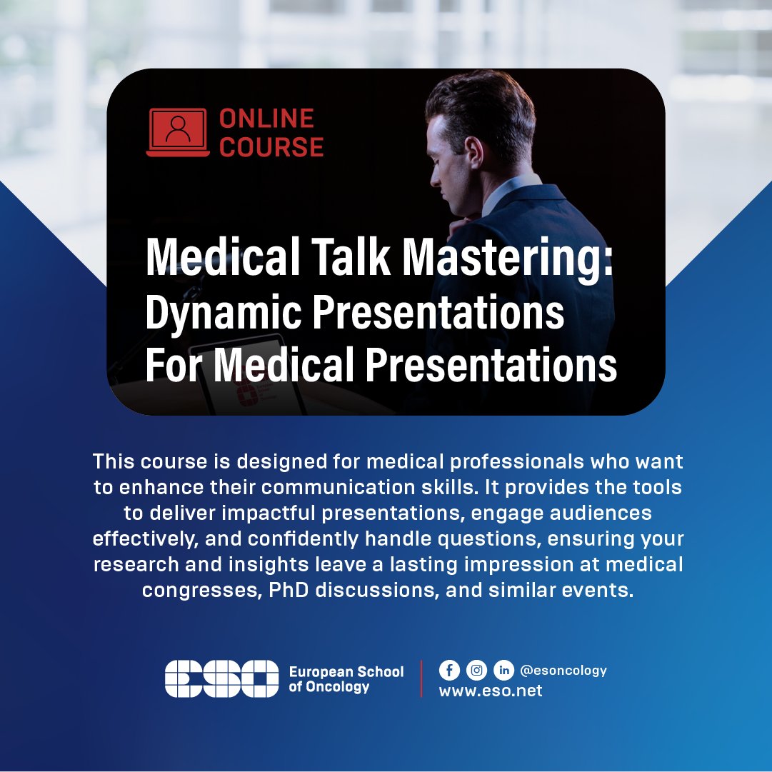 Master the art of impactful presentations with our Medical Talk Mastering course!

Start: 6 May 2025
Register now: bit.ly/medicaltalkmas…

#ESOncology #CareerDevelopment