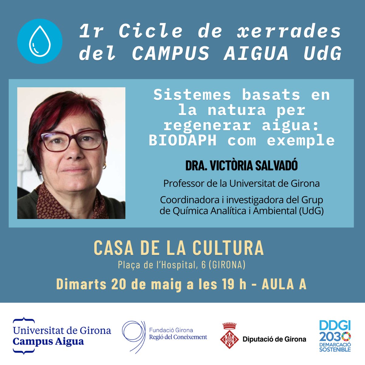 Campus Aigua UdG (@campusaigua) on Twitter photo 📢RECORDATORI: Demà tindrà lloc la 3a xerrada del Cicle del <a href="/campusaigua/">Campus Aigua UdG</a> <a href="/univgirona/">Universitat de Girona</a>
🗓️Dimarts 13 de maig a les 19h
📍Casa de Cultura de Girona - Aula A
👩🔬Amb la Dra. Victòria Salvadó sobre regeneració de l'aigua
<a href="/CatalanWaterP/">CATWaterPartnership</a> <a href="/IcraWater/">ICRA</a> <a href="/UdGCiencies/">Facultat de Ciències</a> <a href="/catedraATL/">Càtedra ATL de l'aigua potable</a> <a href="/Catedra_Aigua/">Càtedra de l’Aigua, Natura i Benestar</a> 📢RECORDATORI: Demà tindrà lloc la 3a xerrada del Cicle del <a href="/campusaigua/">Campus Aigua UdG</a> <a href="/univgirona/">Universitat de Girona</a>
🗓️Dimarts 13 de maig a les 19h
📍Casa de Cultura de Girona - Aula A
👩🔬Amb la Dra. Victòria Salvadó sobre regeneració de l'aigua
<a href="/CatalanWaterP/">CATWaterPartnership</a> <a href="/IcraWater/">ICRA</a> <a href="/UdGCiencies/">Facultat de Ciències</a> <a href="/catedraATL/">Càtedra ATL de l'aigua potable</a> <a href="/Catedra_Aigua/">Càtedra de l’Aigua, Natura i Benestar</a>