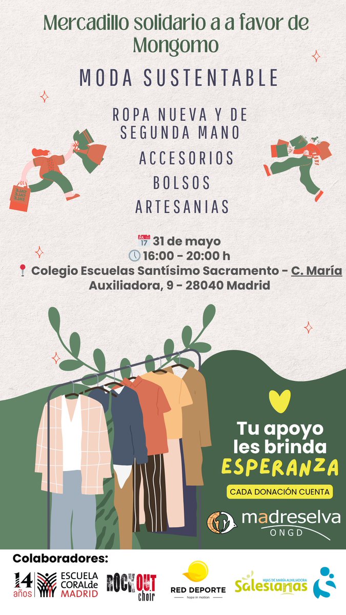 ¡Acompáñanos en una tarde solidaria llena de diversión y buen corazón! 

Te esperamos el próximo sábado 31 de mayo, Habrá música en vivo por parte del Rock Out choir de la Escuela coral de Madrid, un mercadillo solidario con ropa nueva y usada y mucho más🎶👚🎉