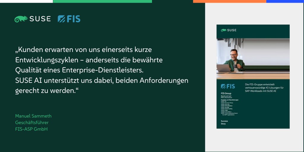 📣 Die FIS-Gruppe, führender SAP® Gold Partner, setzt mit #SUSEAI neue Maßstäbe für #KI in Unternehmen – für leistungsstarke, vertrauenswürdige und konforme KI-Lösungen.

🔗 Erfahren Sie mehr: okt.to/ZqhIHn