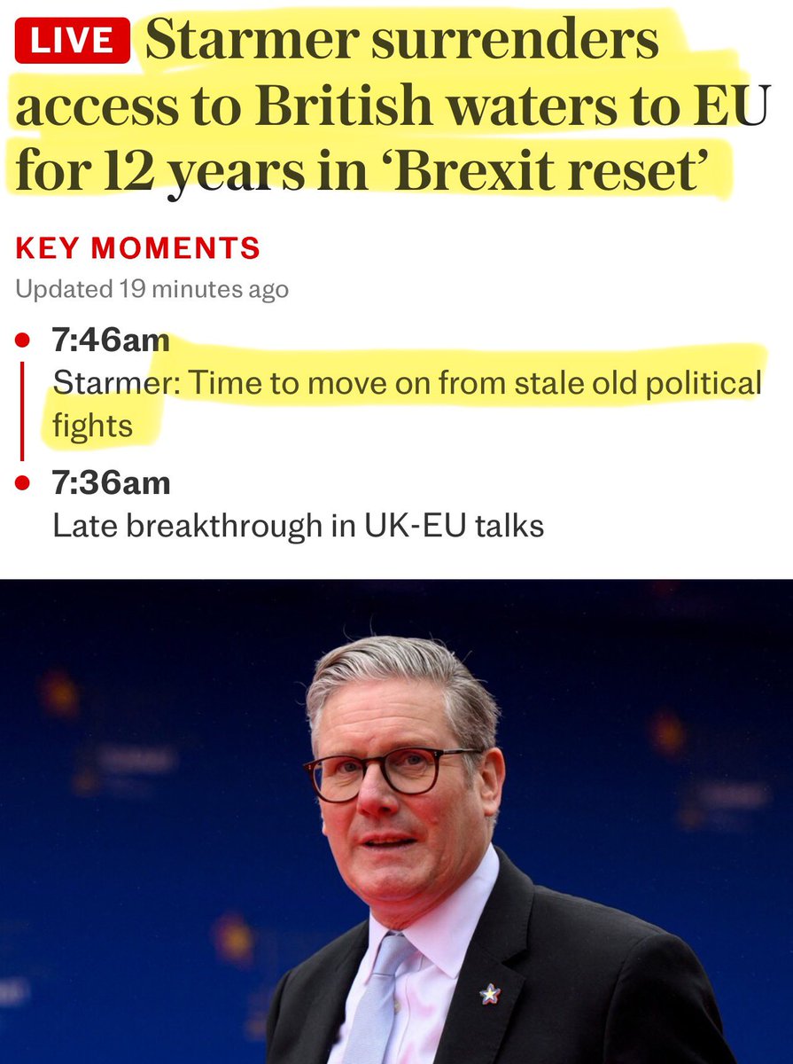 🚨BREAKING - Starmer has just handed another 12 YEARS of EU access to UK waters, our fish, and our sovereignty.

The EU takes more fish from our waters than our own fishing fleets do and now, they’ve been gifted another 12 years! 

This isn’t renegotiating… It’s REJOINING 🚨