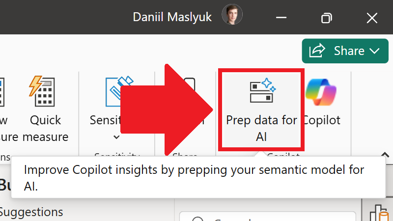 DMaslyuk's tweet image. Using Copilot insights in Power BI? You can now prep your semantic model for AI in Power BI Desktop May 2025.