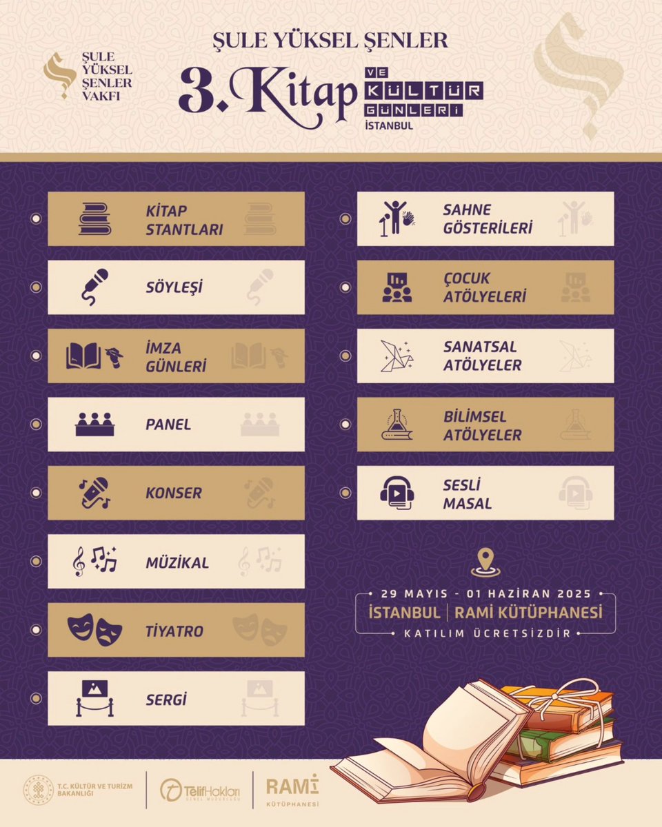 📷 3. Şule Yüksel Şenler Kitap ve Kültür Günleri
📷 Rami Kütüphanesi / İstanbul
📷 29 Mayıs – 1 Haziran 2025

Edebiyatın kelimelerle yücelip gönüllere dokunduğu, kültürün sanatla buluştuğu özel programa davetlisiniz.
