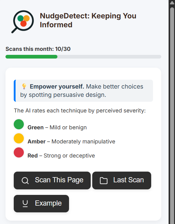 Richard Mills (@rwb_mills) on Twitter photo šØ NEW TOOL ALERT: Meet NudgeDetect šØ
Ever felt nudged into clicking āBuy Nowā, unknowingly subscribing, or paying hidden fees?
NudgeDetect is a Chrome extension Iāve built to reveal āmanipulativeā website tricks: and help you fight back.
chromewebstore.google.com/detail/aodlbocā¦
1/5 šØ NEW TOOL ALERT: Meet NudgeDetect šØ
Ever felt nudged into clicking āBuy Nowā, unknowingly subscribing, or paying hidden fees?
NudgeDetect is a Chrome extension Iāve built to reveal āmanipulativeā website tricks: and help you fight back.
chromewebstore.google.com/detail/aodlbocā¦
1/5