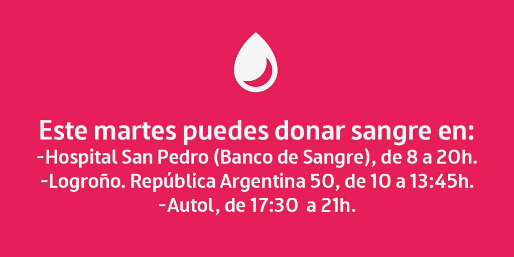 bsangrelarioja's tweet photo. 🗓️ Este martes puedes donar sangre en:
🏥#HospitalSanPedro, de 8 a 20h.
🚌#Logroño. República Argentina 50, de 10 a 13:45h.
🚌#Autol, de 17:30 a 21h.

✅Dona sangre si te encuentras bien de salud y tienes entre 18 y 65 años
☎️941298494
💻https://t.co/JDddiStvju https://t.co/4MZV80HiHk