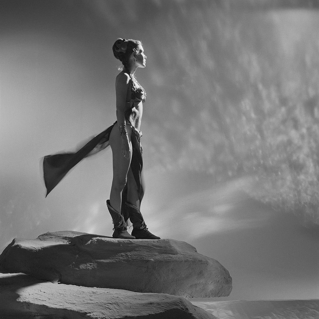 Carrie Fisher photographed by Brian Griffin on the set of Return Of The Jedi, 1982