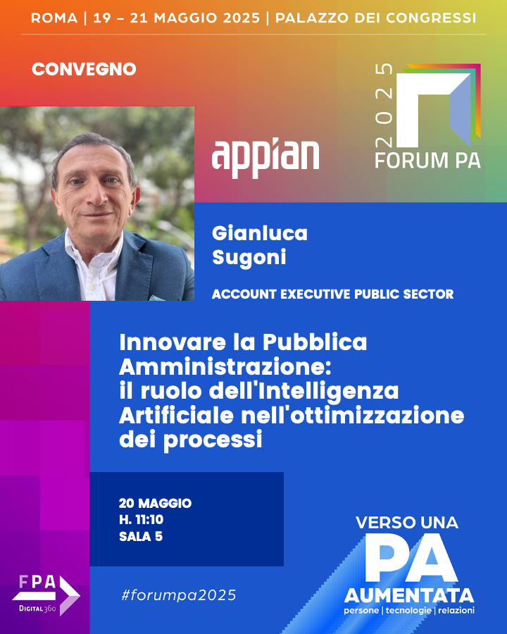 Forum PA 2025 inizia oggi!

Domani vi aspettiamo al nostro workshop per approfondire, insieme ad autorevoli rappresentanti della PA centrale e locale e ad AgID, il ruolo strategico dell’Intelligenza Artificiale nell’ottimizzazione dei processi pubblici.

Un’occasione per
