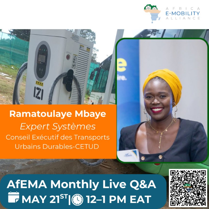 AfricaEma's tweet image. 🔊 Speaker Alert!

Ramatoulaye Mbaye from @cetudsn  🇸🇳 joins our AfEMA Live Q&amp;amp;A this May 21! 🚌⚡
She'll share insights on Senegal’s electric BRT sytems.
🕛 12–1 PM EAT
📍 Register: us06web.zoom.us/webinar/regist…
#EVinAfrica #SustainableMobility #AfEMA #AfricaMoves #CleanTransport