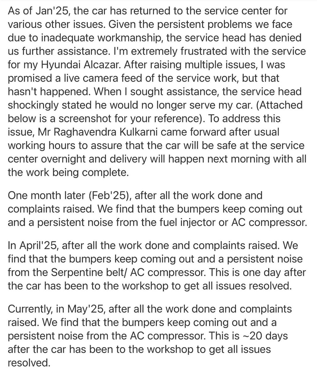 volklub's tweet image. An unhappy customer from Hyundai looking for a refund for his Hyundai Alcazar as he has shared his ordeal with us.

In India, we need better laws for consumer protection because almost all brands are ignorant towards the after sales part once the purchase is made. 

Customer:…