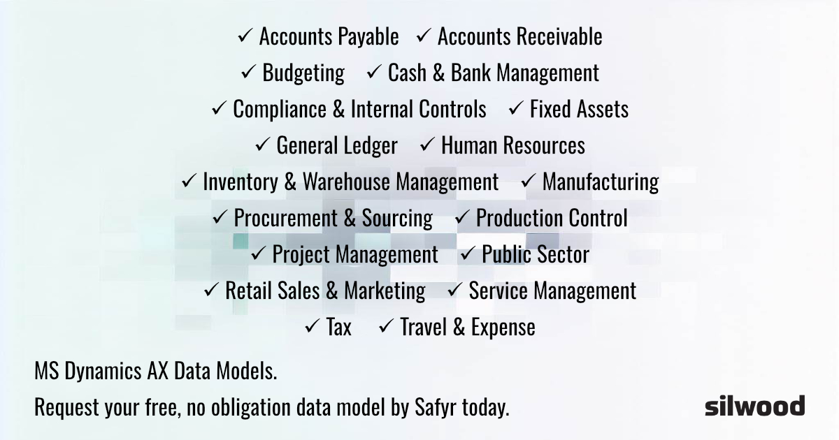 Silwood_Safyr's tweet image. MS Dynamics AX data models. Request your free, no obligation data model by Safyr today. ow.ly/7Qyg50Vfwj2 #DynamicsAX #MSDynAX #DataModel #DataModeling