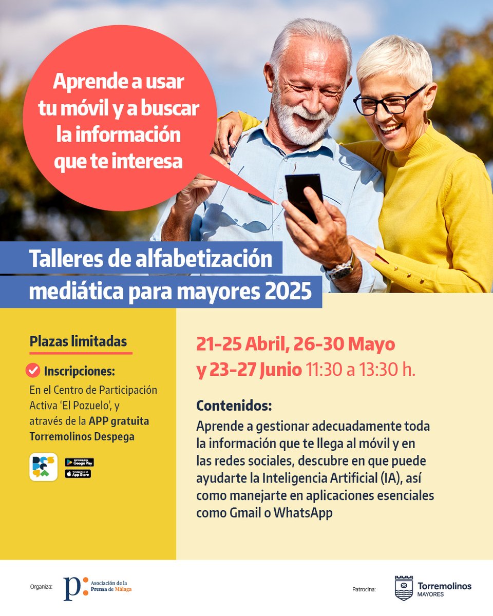 Los #mayores de #Torremolinos podrán aprender a usar WhatsApp, Gmail y la Inteligencia Artificial en unos talleres organizados por la <a href="/aprensamalaga/">Asociación de la Prensa de Málaga</a> y <a href="/PrensaSinEdad/">Prensa sin Edad</a> 📰 Los talleres son gratuitos, pero requieren inscripción previa, ¡reserva tu plaza!

ℹ torremolinoscultura.es
