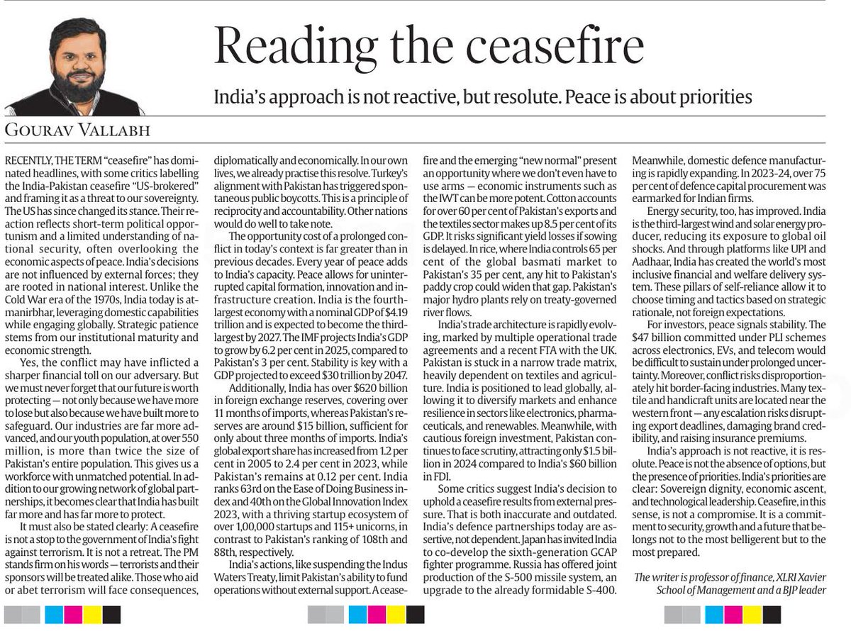 Prof. Gourav Vallabh (@gouravvallabh) on Twitter photo Contributed a piece on "Reading the ceasefire" that appeared in today's <a href="/IndianExpress/">The Indian Express</a>.
India's approach is not reactiveтАФit is resolute. Peace is about priorities. India's priorities are clear: sovereign dignity, economic ascent, and technological leadership.
Happy Reading. Contributed a piece on "Reading the ceasefire" that appeared in today's <a href="/IndianExpress/">The Indian Express</a>.
India's approach is not reactiveтАФit is resolute. Peace is about priorities. India's priorities are clear: sovereign dignity, economic ascent, and technological leadership.
Happy Reading.