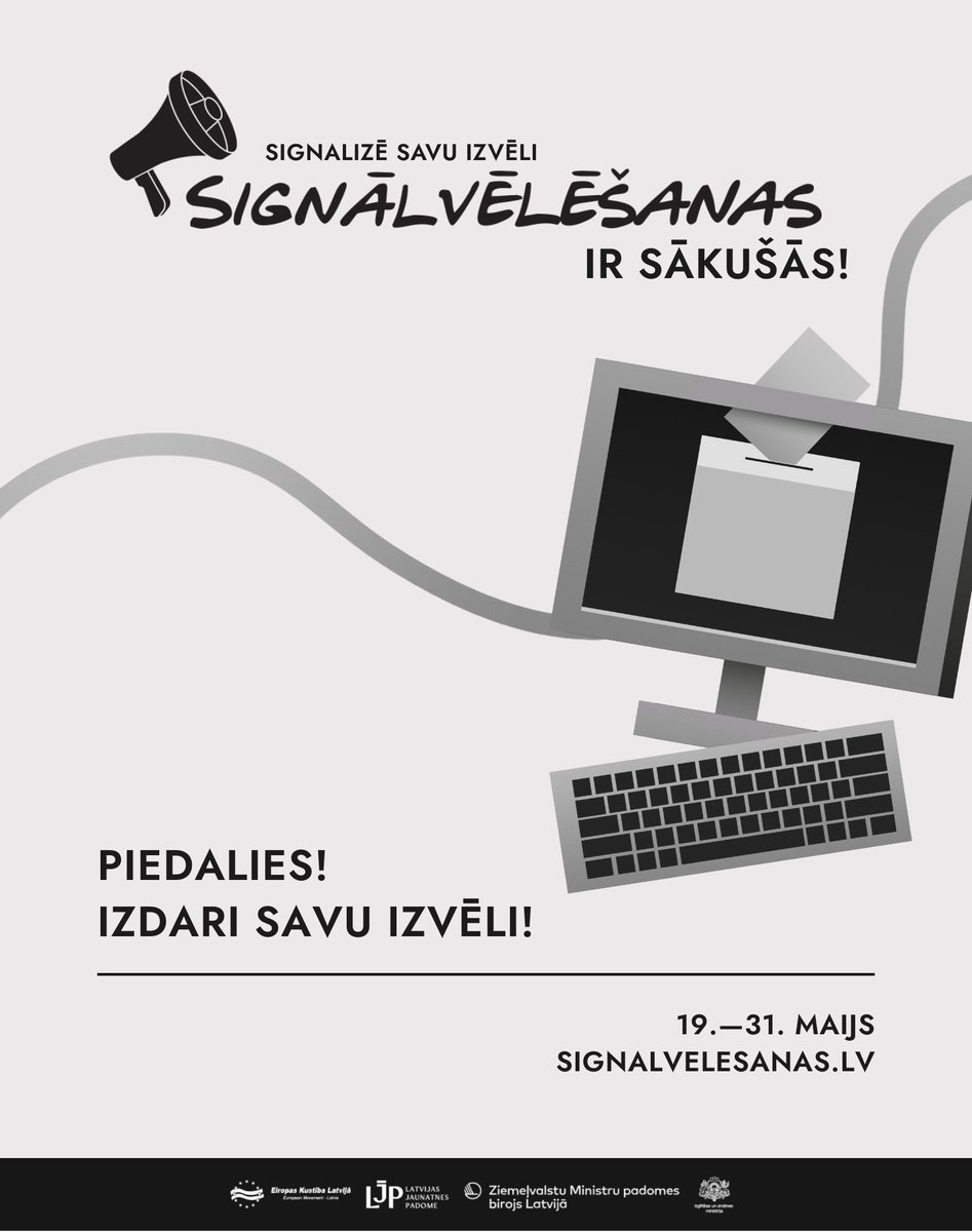 📢 No šodienas, 19. maija līdz 31. maijam, jaunieši vecumā no 16 līdz 17 gadiem visā Latvijā aicināti piedalīties Signālvēlēšanās – vēlēšanu simulācijā, kas sniedz iespēju iepazīt vēlēšanu procesu, izprast jauniešu izvēli un veicināt vēlēšanu nozīmes apzināšanos Latvijas