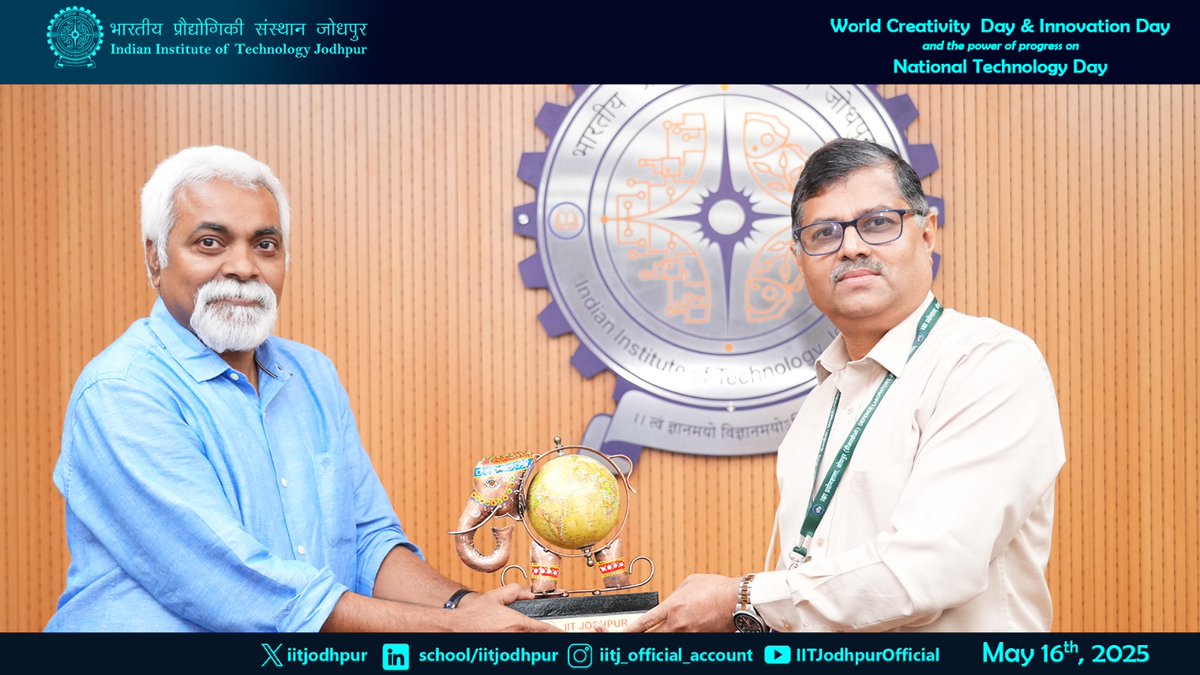 iitjodhpur's tweet image. IIT Jodhpur celebrated #WorldCreativityAndInnovationDay &amp;amp; #NationalTechnologyDay with inspiring talks by Sh. V Sachithananda Shenoi (DLJ) &amp;amp; Sh. Anil Kumar (FDDI). A day of ideas, innovation &amp;amp; progress! 💡🇮🇳
#IITJodhpur #TechnologyDay2025 #InnovationAtIITJ
