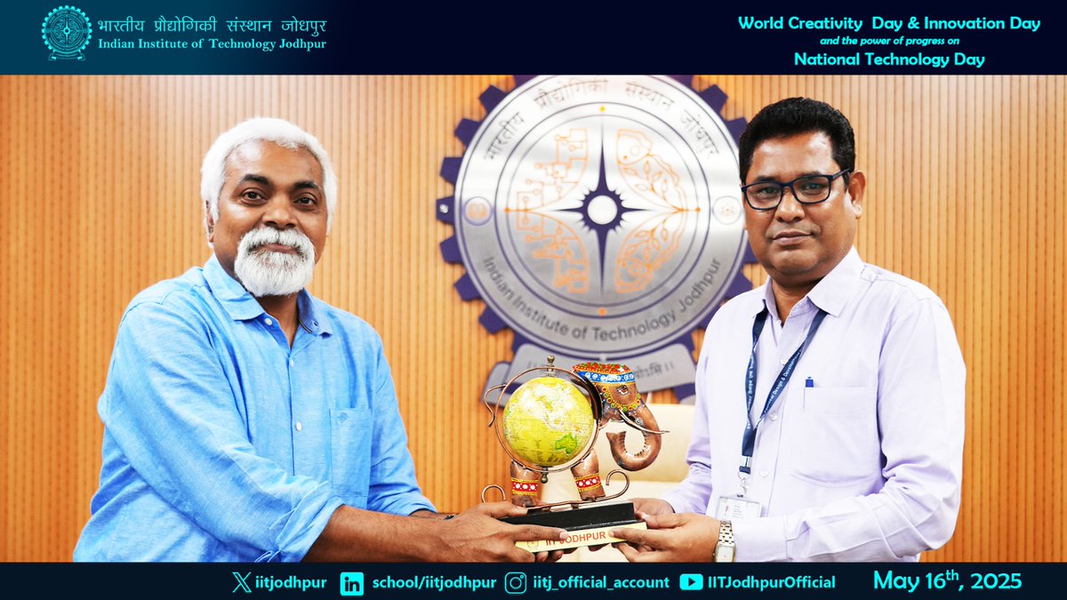 iitjodhpur's tweet image. IIT Jodhpur celebrated #WorldCreativityAndInnovationDay &amp;amp; #NationalTechnologyDay with inspiring talks by Sh. V Sachithananda Shenoi (DLJ) &amp;amp; Sh. Anil Kumar (FDDI). A day of ideas, innovation &amp;amp; progress! 💡🇮🇳
#IITJodhpur #TechnologyDay2025 #InnovationAtIITJ