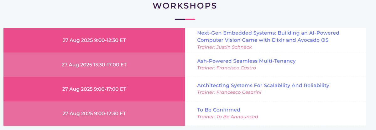 ElixirConf (@elixirconf) on Twitter photo 3 workshops confirmed 3 MONTHS before #ElixirConfUS!
AI-Powered Vision with <a href="/mobileoverlord/">Justin Schneck</a>
Multi-Tenancy with Francisco Castro
Scalability with <a href="/FrancescoC/">Francesco Cesarini</a> Reserve your spot!
elixirconf.com/#workshops 3 workshops confirmed 3 MONTHS before #ElixirConfUS!
AI-Powered Vision with <a href="/mobileoverlord/">Justin Schneck</a>
Multi-Tenancy with Francisco Castro
Scalability with <a href="/FrancescoC/">Francesco Cesarini</a> Reserve your spot!
elixirconf.com/#workshops