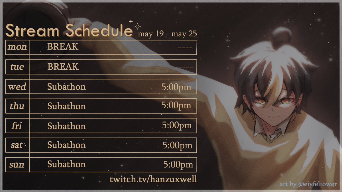 STREAM SCHED FOR THIS WEEK ✨

rest then subathon timee ~
#HanzuxLive