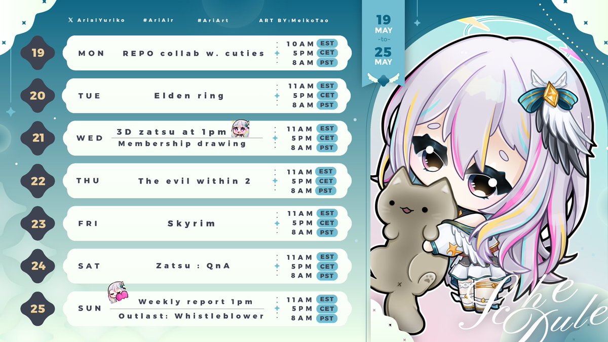 ArialYuriko's tweet photo. 🗓️Angel's schedule🪽

It seems that this week’s divine power is FULL 🎁

🪽#ArialYuriko
📺#AriAir
🎨#AriArt
✂️#ShortAri
🤣#Arifun
📰#AriMon https://t.co/hr7whMU2T9