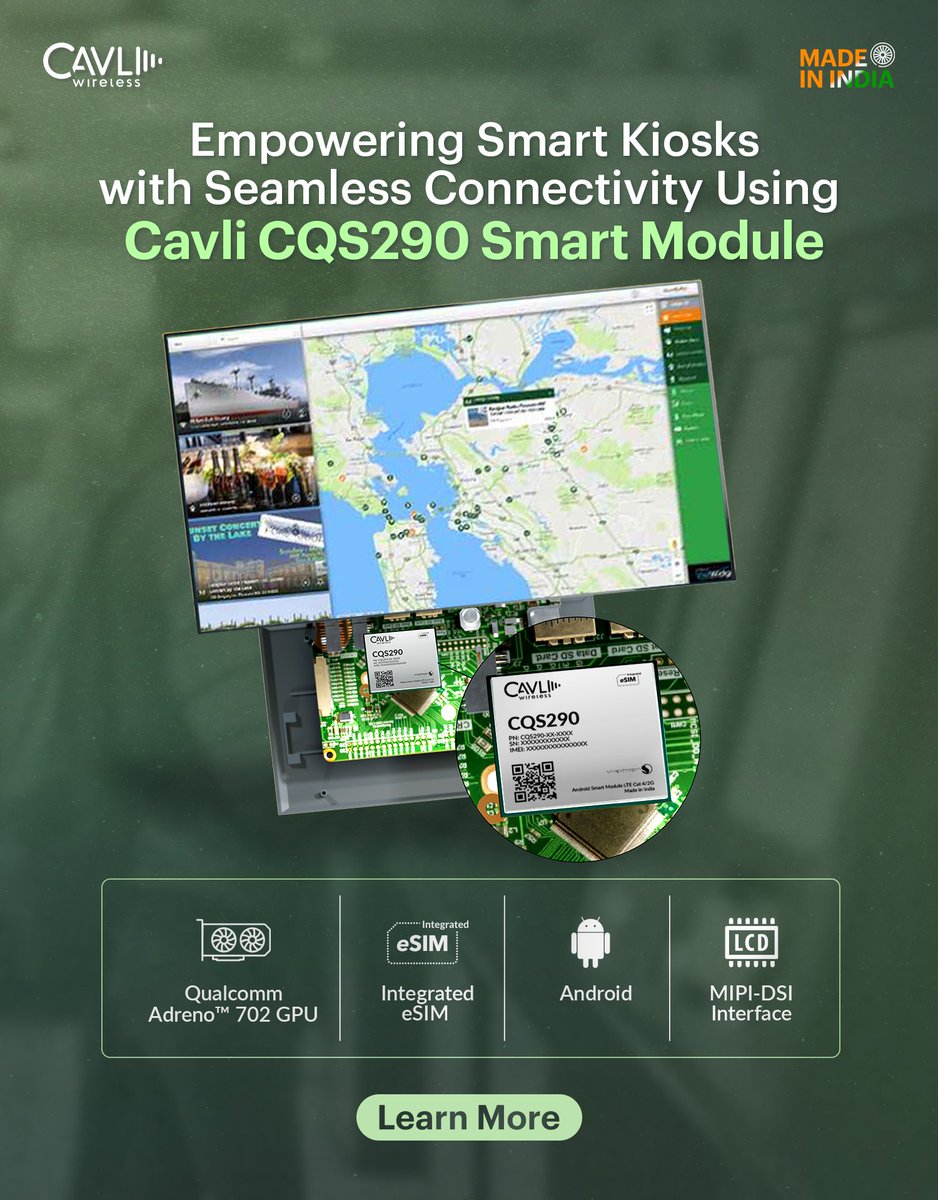 Power your smart kiosks with the CQS290 LTE Cat 4 Android module, featuring quad-core Cortex A53, integrated eSIM, Android/Linux OS, MIPI-DSI, Wi-Fi 5 + BLE 5.0, USB 2.0 &amp; in-built GNSS for seamless #IoT connectivity.

Discover now: cavliwireless.com/iot-modules/c-…

#Cavli