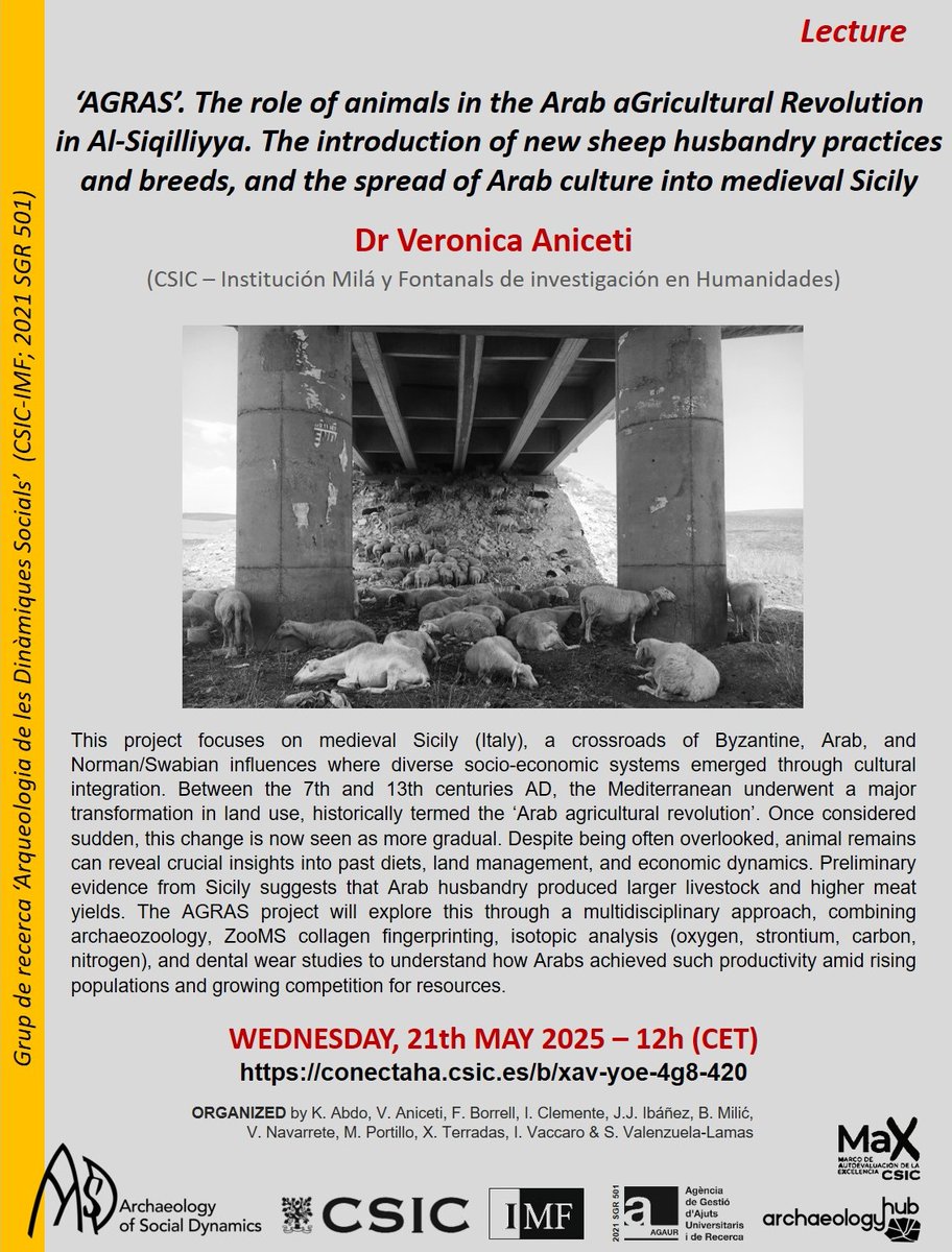 Archaeology of Social Dynamics - ASD (@asd_csic) on Twitter photo Next WEDNESDAY, May 21, Veronica Aniceti (<a href="/imfcsic/">IMF-CSIC</a>) will give a talk about the role of animals in the arab agricultural revolution in Al-Siqilliyya (AGRAS project, Sicily)
Details and link on the attached poster
<a href="/CSIC/">CSIC</a> <a href="/CSICCat/">CSIC en Catalunya</a> <a href="/ArchHubCSIC/">ArchaeologyHub CSIC</a> Next WEDNESDAY, May 21, Veronica Aniceti (<a href="/imfcsic/">IMF-CSIC</a>) will give a talk about the role of animals in the arab agricultural revolution in Al-Siqilliyya (AGRAS project, Sicily)
Details and link on the attached poster
<a href="/CSIC/">CSIC</a> <a href="/CSICCat/">CSIC en Catalunya</a> <a href="/ArchHubCSIC/">ArchaeologyHub CSIC</a>