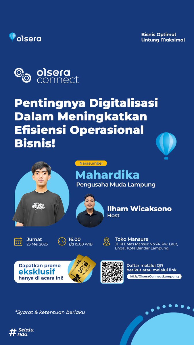 🗣️ Memanggil seluruh business owner di Lampung dan sekitarnya! ✨

Catat tanggalnya:
📆 Jumat, 23 Mei 2025
⏰ 16.00-19.00
📍 Toko Mansure, Kota Bandar Lampung

Gak cuma dapat ilmu gratisnya, kamu berkesempatan mendapatkan promo eksklusif, lho! 💥 Buruan daftar sekarang!